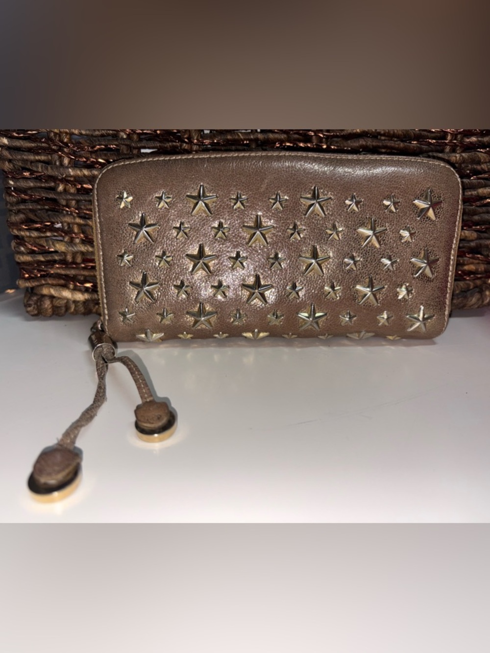 Jimmy Choo Star Studded Metallic Zip Around Wallet Bronze Gold